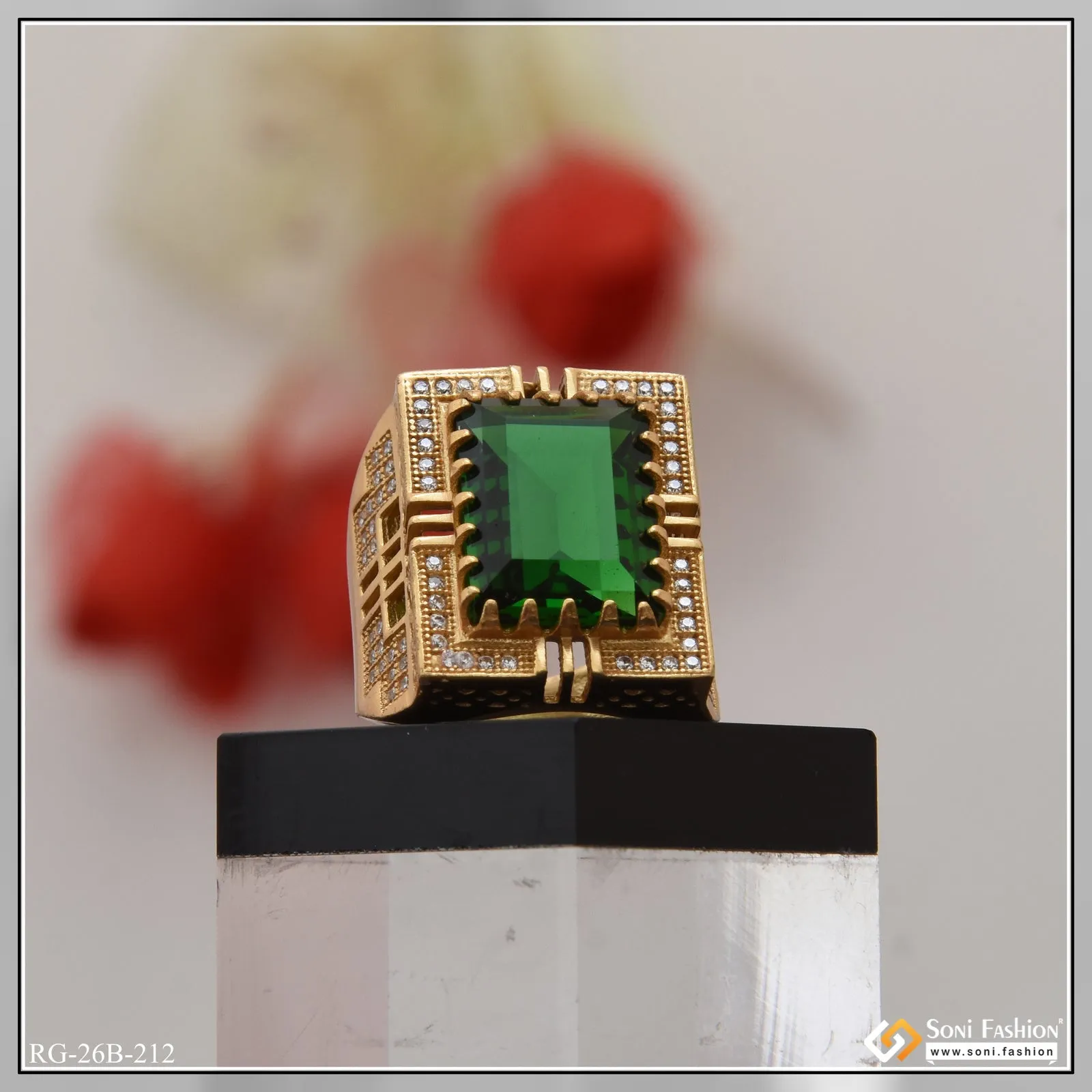 1 Gram Gold Plated Green Stone With Diamond Funky Design Ring For Men - Style B212