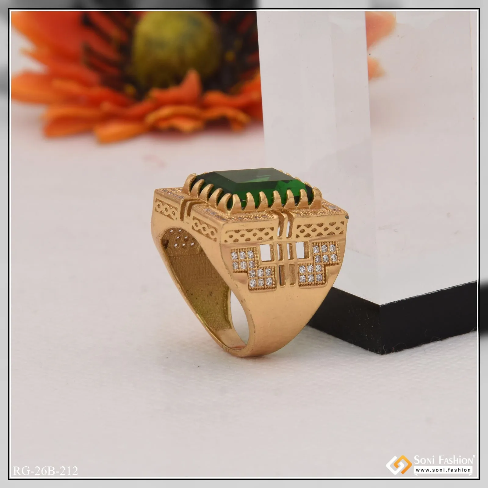 1 Gram Gold Plated Green Stone With Diamond Funky Design Ring For Men - Style B212