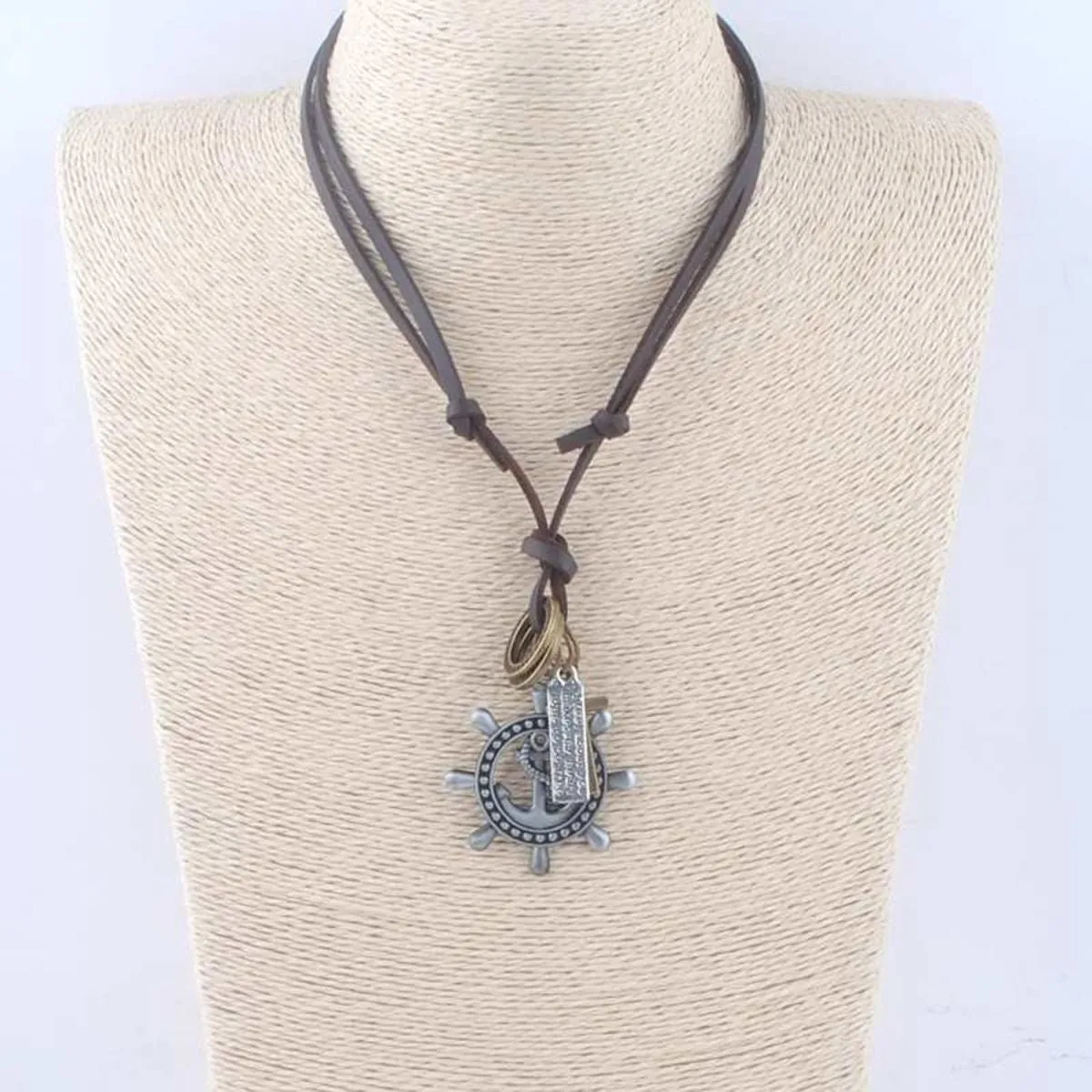 Anchor Cross Bronze Vintage Dog Tag Oxidised Leather Pendant Chain