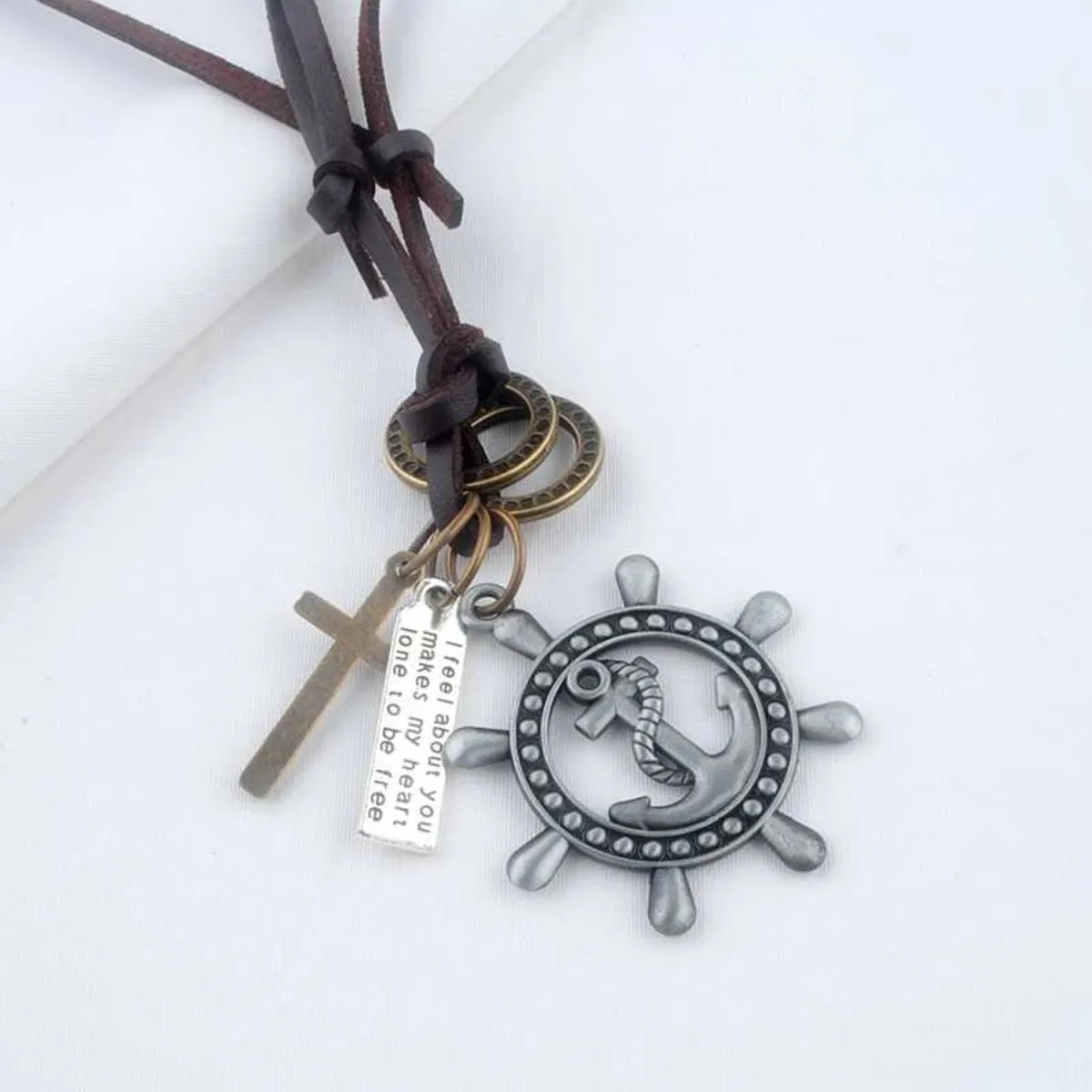 Anchor Cross Bronze Vintage Dog Tag Oxidised Leather Pendant Chain