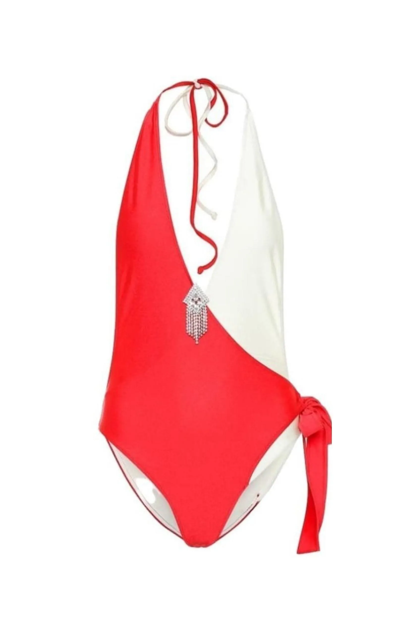 Embellished Colorblocked White & Red Swimsuit