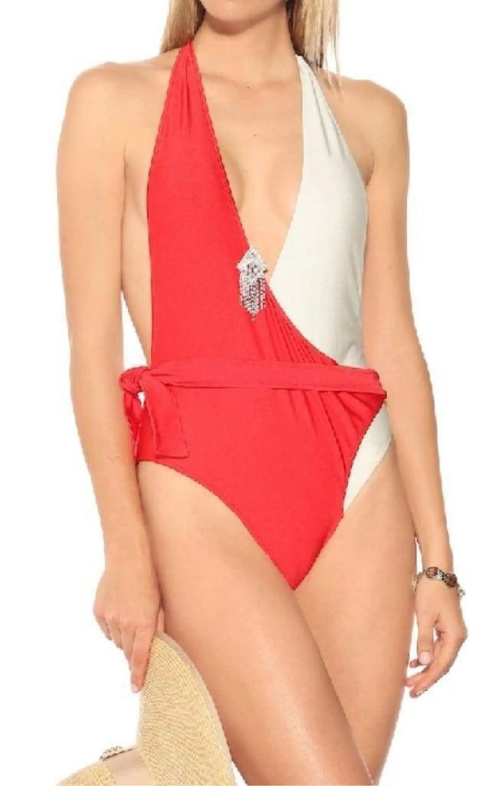 Embellished Colorblocked White & Red Swimsuit