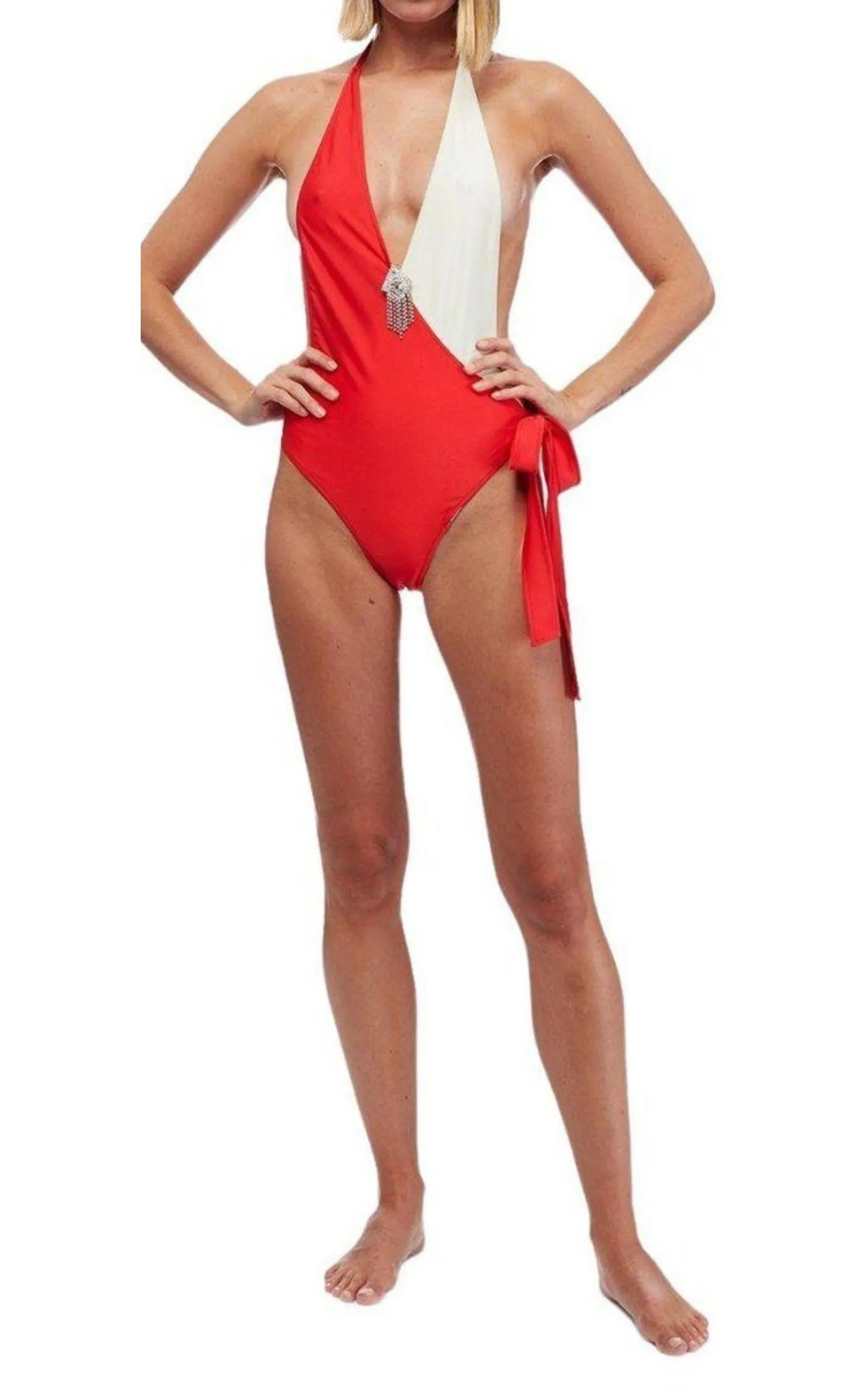 Embellished Colorblocked White & Red Swimsuit