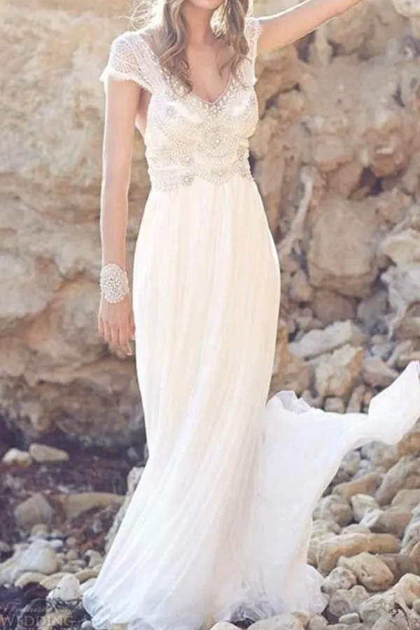 Fabulous Cap Sleeves Tulle Beach Wedding Dress with Lace, SW118