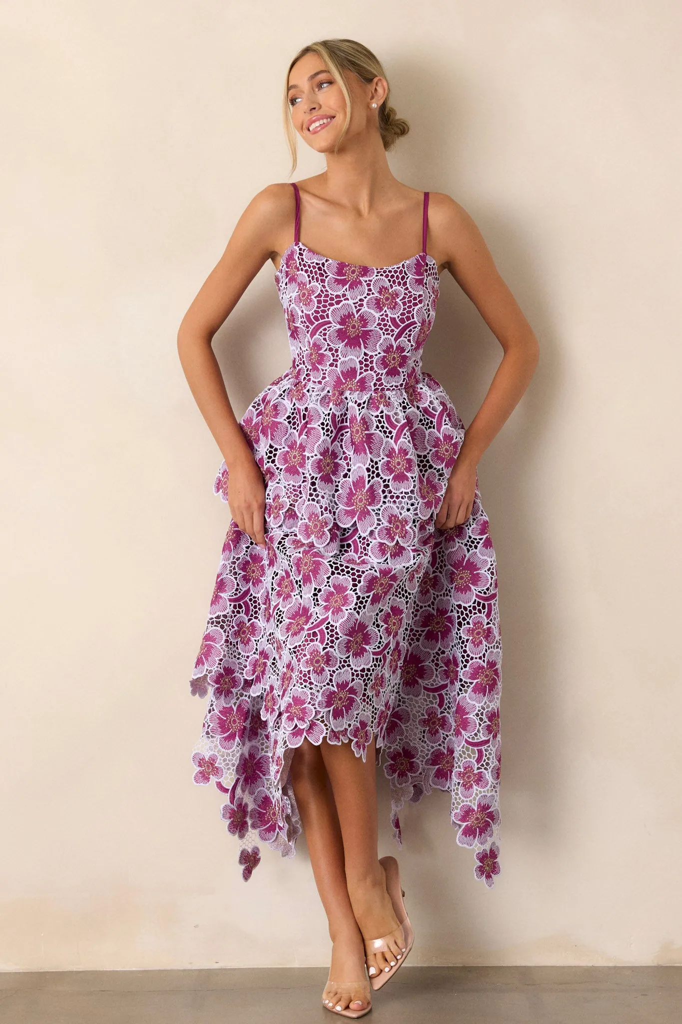 Glimpse Of Grace Light Plum Floral Embroidered Midi Dress