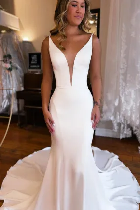 Mermaid V Neck Satin Wedding Dresses with Open Back N079