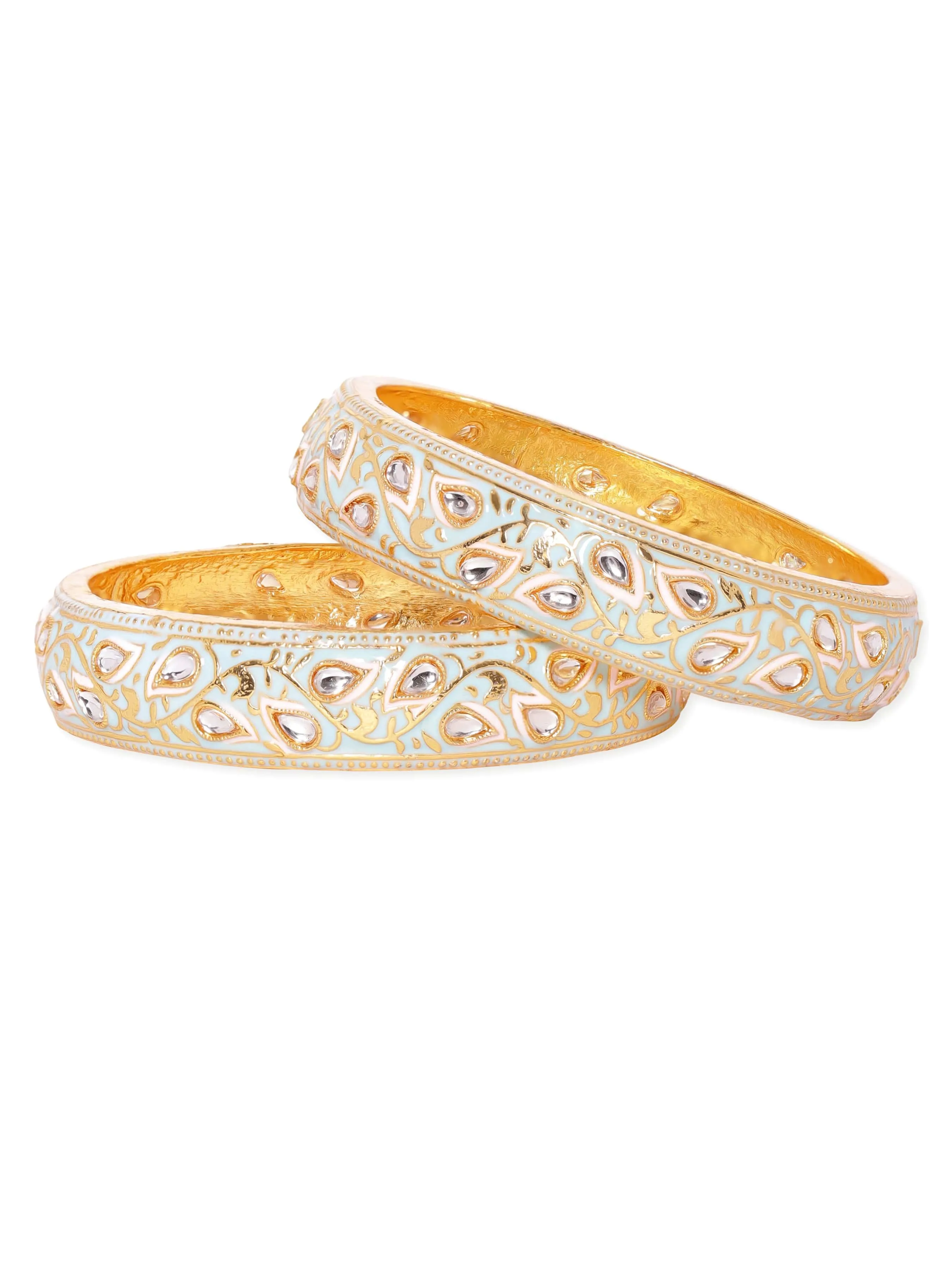 Rubans "Set of 2, 22K Gold plated Pastel enamel & Kundan studded Statement bangles  "