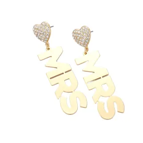 Stone Paved Heart Metal MRS Message Plate Dangle Earrings