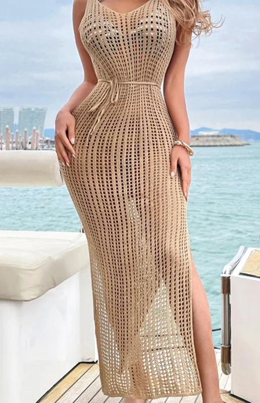 Women's Hollow Knit Floor Length Backless Beach Cover Up