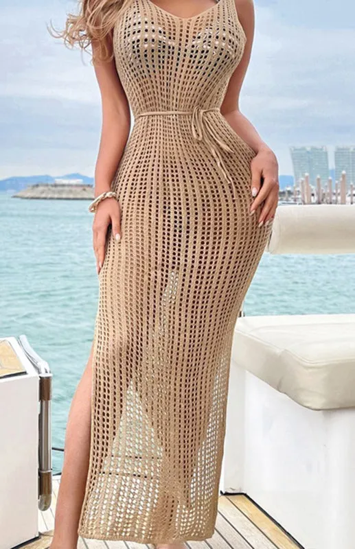 Women's Hollow Knit Floor Length Backless Beach Cover Up